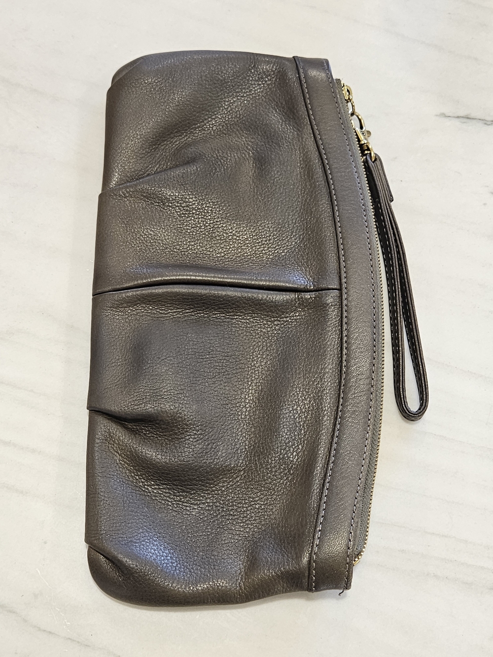 HOBO Brown/Olive Metallic-Tinged Ruched Leather Clutch Bag Wristlet